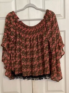 Pink Paisley Off-Shoulder Blouse with Black Tassel Trim